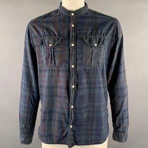 WOOLRICH Size L Navy Green Plaid Cotton Band Collar Long Sleeve Shirt